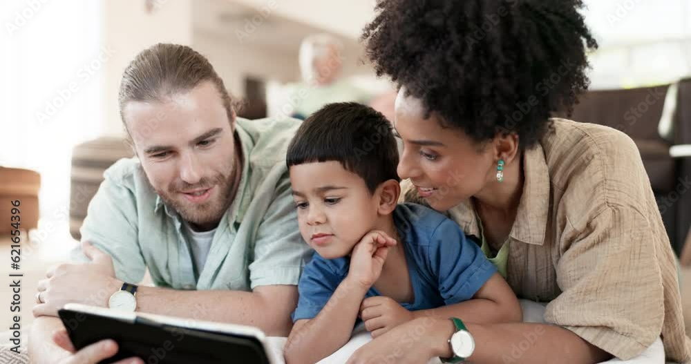 Tablet, relax and family parents, child or people review e learning homework, web lesson or helping boy with studying. Elearning, remote online education and home kid, mom and bonding dad support son