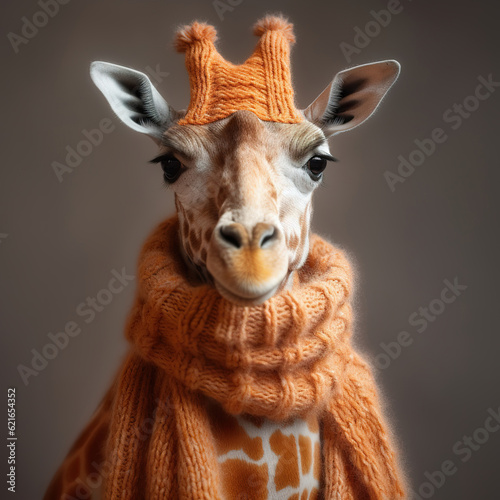 Giraffe close-up wearing scarf around neck. Giraffe wearing beautiful soft knitted shawl. Giraffe with knitted scarf. Realistic 3D illustration. Generative AI