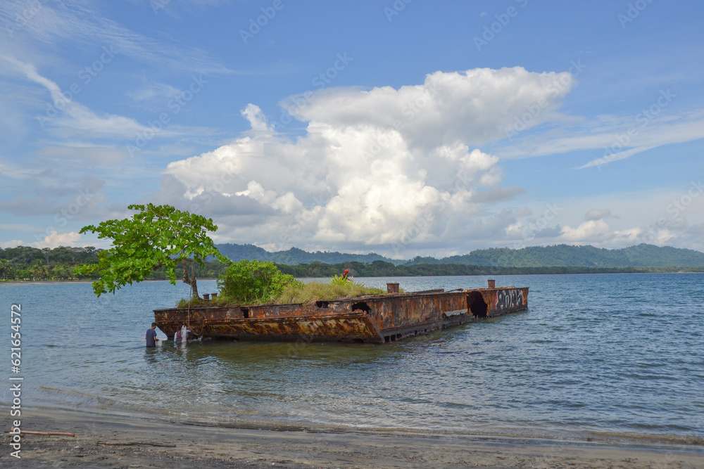 Remains of a ship stranded on the beach of Puerto Viejo de Talamanca, Costa Rica.