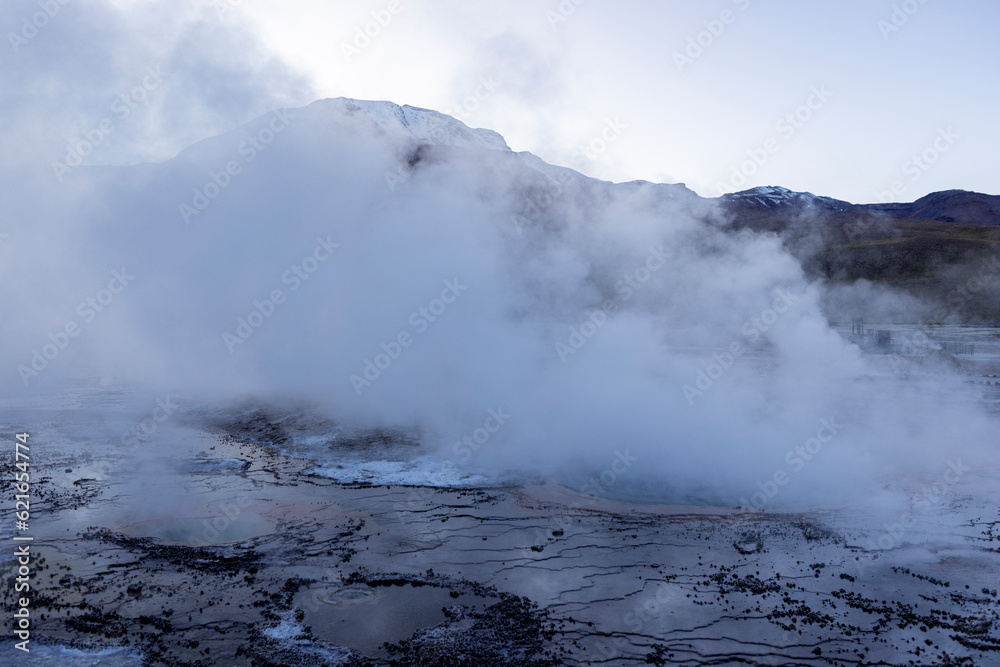 Exploring the fascinating geothermic fields of El Tatio with its steaming geysers and hot pools high up in the Atacama desert in Chile, South America Exploring the fascinating geothermic fields of El Tatio with its steaming geysers and hot pools high up in the Atacama desert in Chile, South America