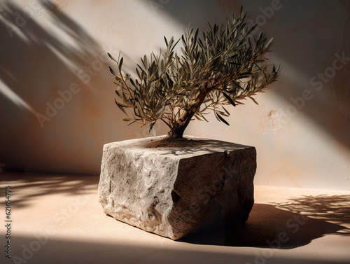 Stone textured with small olive tree branches. A plant growing on a rock. Resilience and rebirth concept. Realistic 3D illustration. Generative AI