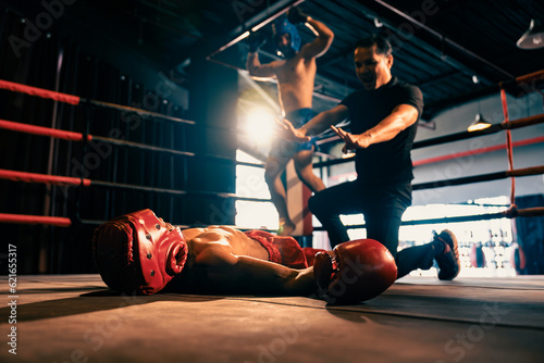 Fotografie Boxing referee intervene, halting the fight to check fallen competitor after knock out