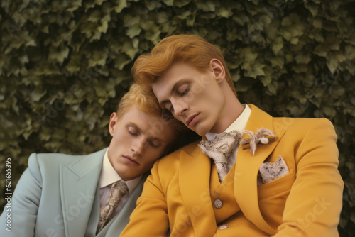 two male friends/models/lgbtq+ couple standing in floral nature setting in a fashion/beauty editorial magazine style film photography look - generative ai art