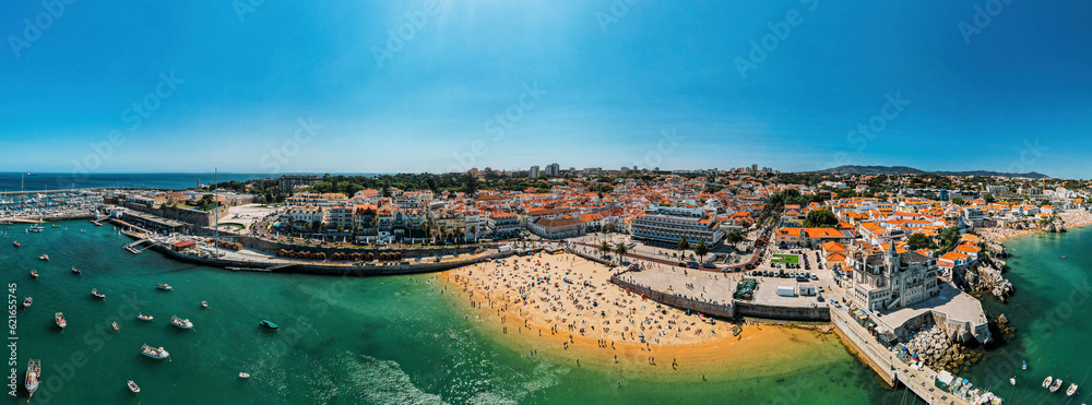 Portugal, Cascais near Lisbon, seaside town with beach and port panorama view