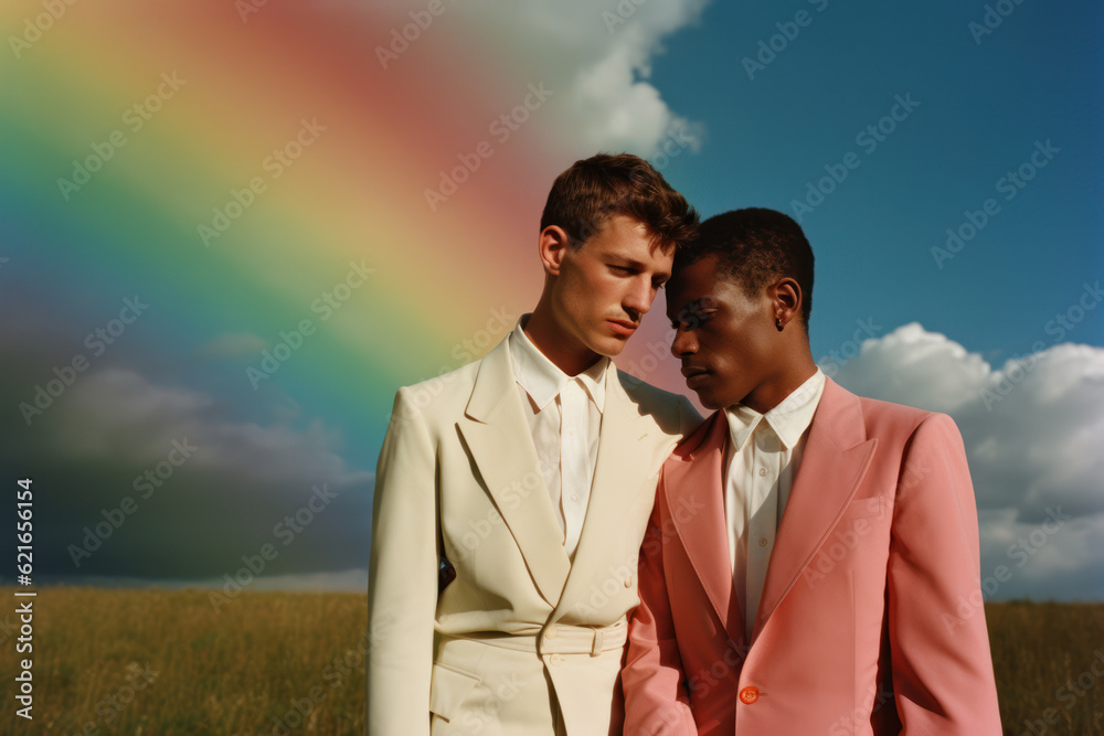 two male friends/models/lgbtq+ couple standing in nature with rainbow with a thoughtful/sad expression in a fashion/beauty editorial magazine style film photography look - generative ai art two male friends/models/lgbtq+ couple standing in nature with rainbow with a thoughtful/sad expression in a fashion/beauty editorial magazine style film photography look - generative ai art