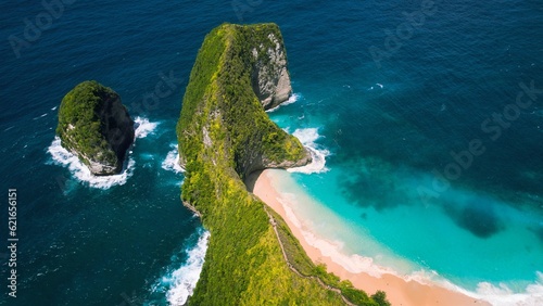Pristine sandy Kelingking Beach on Nusa Penida island Bali. Turquoise ocean water by green limestone cliffs. Famous natural landmark. © vidoc
