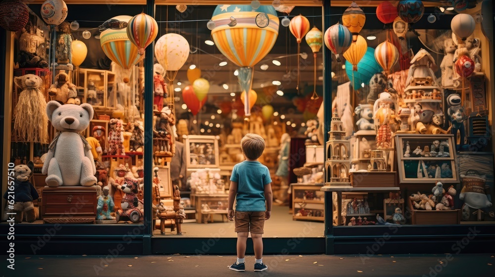 A little boy standing in front of a toy store. Generative AI - obrazy, fototapety, plakaty 