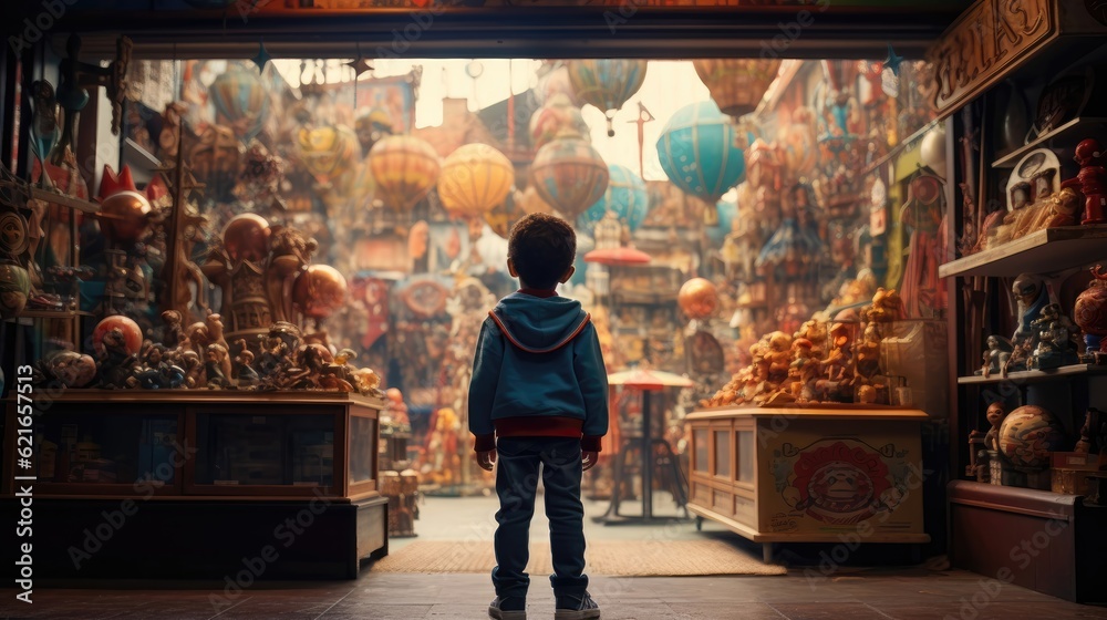 A little boy standing in front of a toy store. Generative AI A little boy standing in front of a toy store. Generative AI