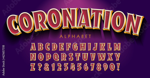 Coronation is a layered 3d effect alphabet with highlights and gold metallic effects. Lettering style is reminiscent of royal decoration, ornament, and color scheme.