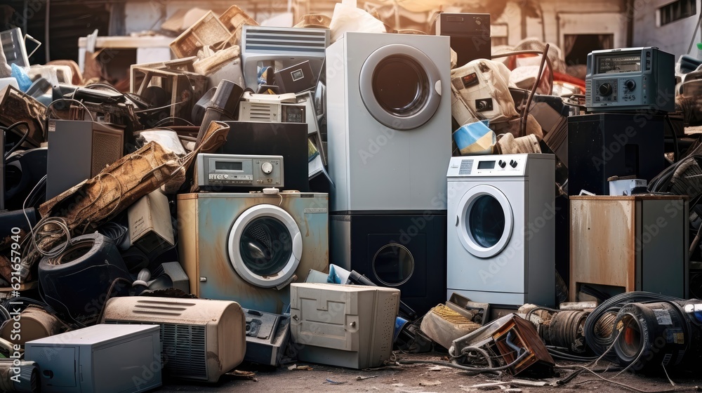Collected and awaiting for the disposal of electronic waste, refrigerators, washing machines and others. Generative AI - obrazy, fototapety, plakaty 