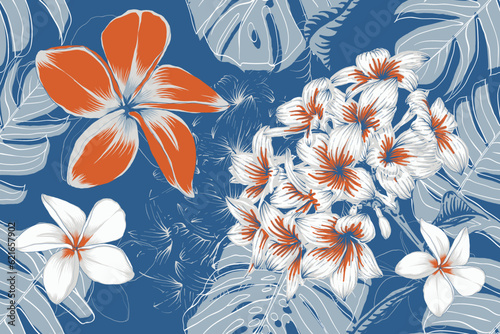 Seamless pattern vintage with frangipani flowers and monstera green leaf background.Vector illustration hand drawing. Fabric pattern print design.