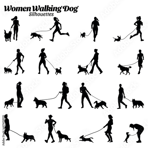 Set of vector silhouettes of women and dogs walking