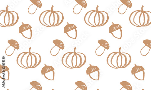 Vector pattern on the theme of autumn. Mushroom, acorn, pumpkin. Seamless, repeating, hand drawn pattern, doodle. Brown on a white background. Wallpaper, fabric, wrapping paper, gift wrapping. Eps10