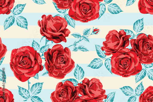 Seamless pattern red rose flowers vintage abstract background.Vector illustration drawing watercolor style.For used wallpaper, fabric pattern print design. © NOPPHACHAI