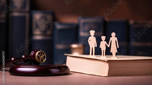 Paper cut family, judge gavel and book. Family Law. Generative AI