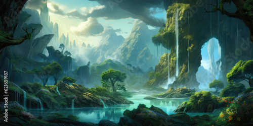 Fantasy world scenery, virtual reality, VR, backgrounds, wallpaper, AI generated © Graphinate