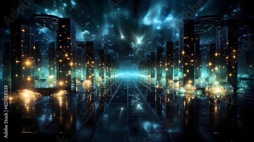 Data Symphony: A Captivating Visual Representation of a Server Farm Powering Cloud Computing © Yaiza Canvas