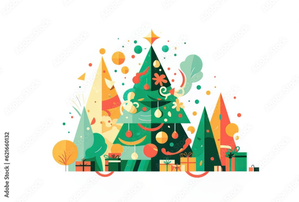 Christmas tree and gifts on a white isolated background. Winter background with Christmas tree, gifts and colored lights. Generated AI.