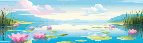 A serene lake with lily pads vector simple 3d isolated illustration