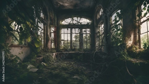 horror house atmosphere filled with wild plants with spooky windows  mystical and horror atmosphere