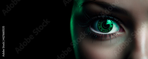 Closeup of a beautiful female artificial intelligence's green eye on black background with copy space created with Generative AI technology