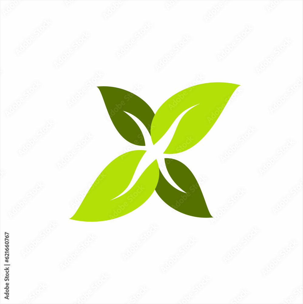 The leaf logo design forms a star formation and the letter X in negative space. Logos can be used for spa, salon, health, cosmetics and other business identities.