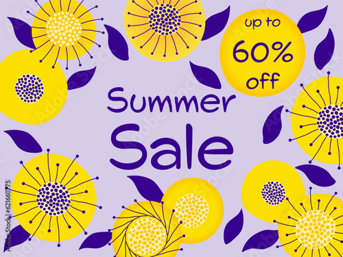 Summer Sale up to 60% off - Schriftzug in englischer Sprache - Sommerschlussverkauf bis zu 60% Rabatt. Verkaufsplakat mit Blumen in gelb und lila.