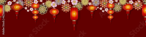 chinese border with red lanterns and flowers. seamless border for chinese new year or mid autumn festival