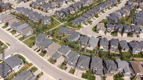 Aerial view of new suburban community in the city of Calgary in Alberta.