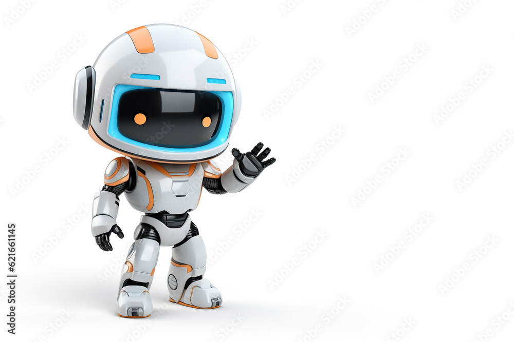 Cute little robot waving hello on white background with copy space. Generative ai and digital editing. Cute little robot waving hello on white background with copy space. Generative ai and digital editing.