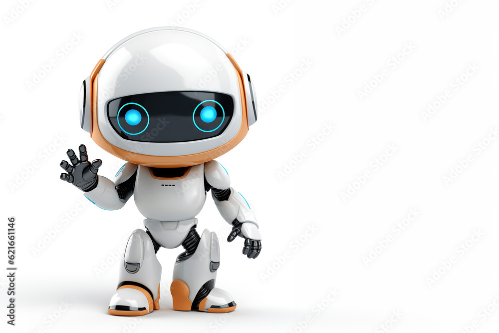 Cute little robot waving hello on white background with copy space. Generative ai and digital editing. Cute little robot waving hello on white background with copy space. Generative ai and digital editing.