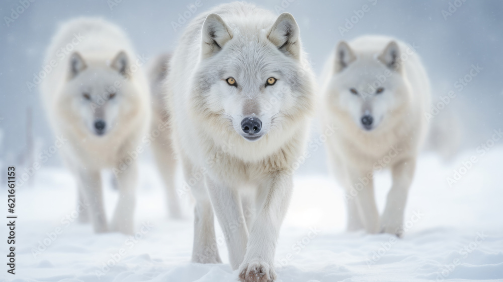 Obraz premium white wolves in the snow - Created with Generative AI technology.