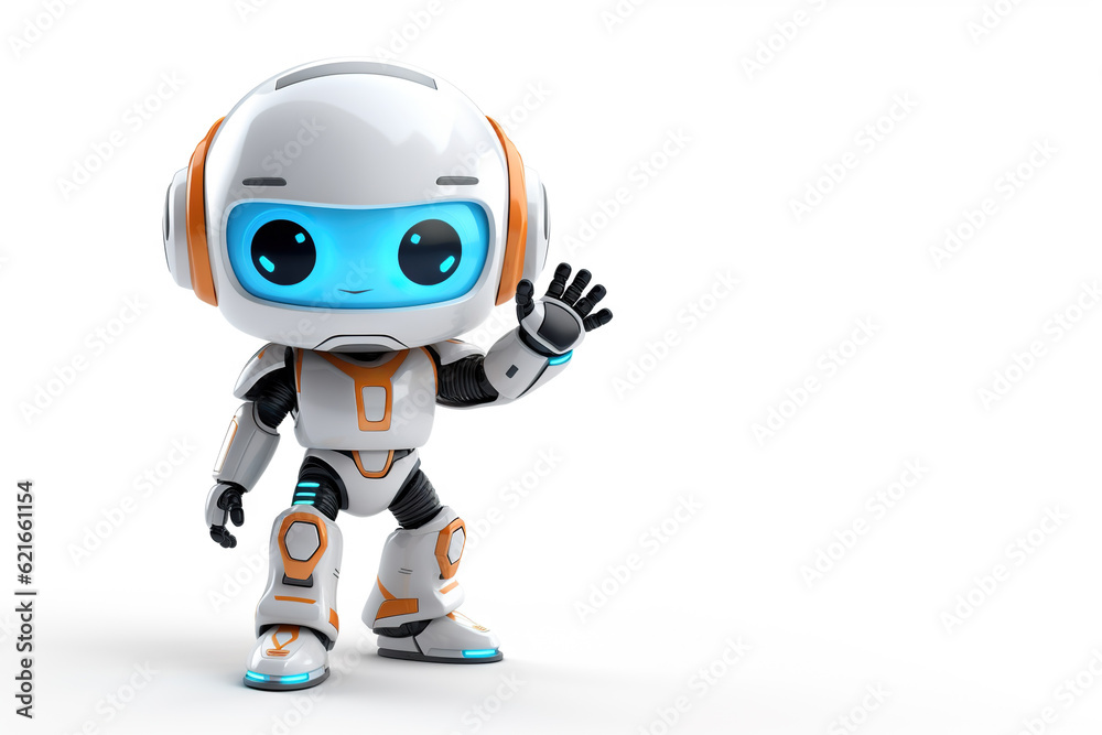 Cute little robot waving hello on white background with copy space. Generative ai and digital editing. Cute little robot waving hello on white background with copy space. Generative ai and digital editing.