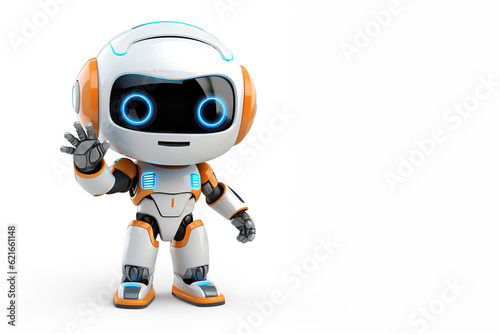 Cute little robot waving hello on white background with copy space. Generative ai and digital editing. © angelo sarnacchiaro
