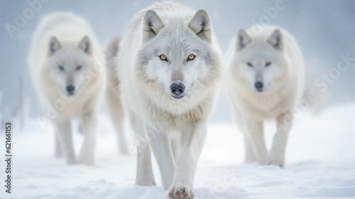 white wolves in the snow - Created with Generative AI technology.