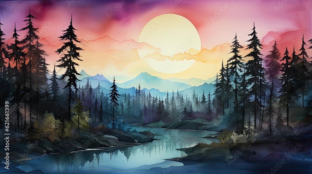 AI-generated illustration of a foggy sunrise on a river in the mountains. MidJourney.