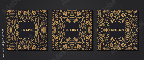 Luxury Christmas frame set, abstract sketch winter floral design templates. Geometric monochrome square, holly backgrounds with fir tree. Use for package, branding, decoration, banners