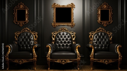 A set of three black and gold chairs in a room. Generative AI image.