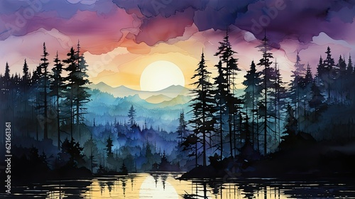 AI-generated illustration of a foggy sunrise on a river in the mountains. MidJourney. © EAStevens