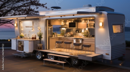 A mobile kitchen is lit up at night. Generative AI image.