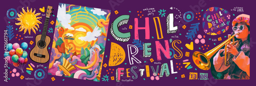 Children's Music Festival. Vector illustration for a holiday, cute children's drawing, bright abstract shapes, saxophonist girl for a poster, card or background