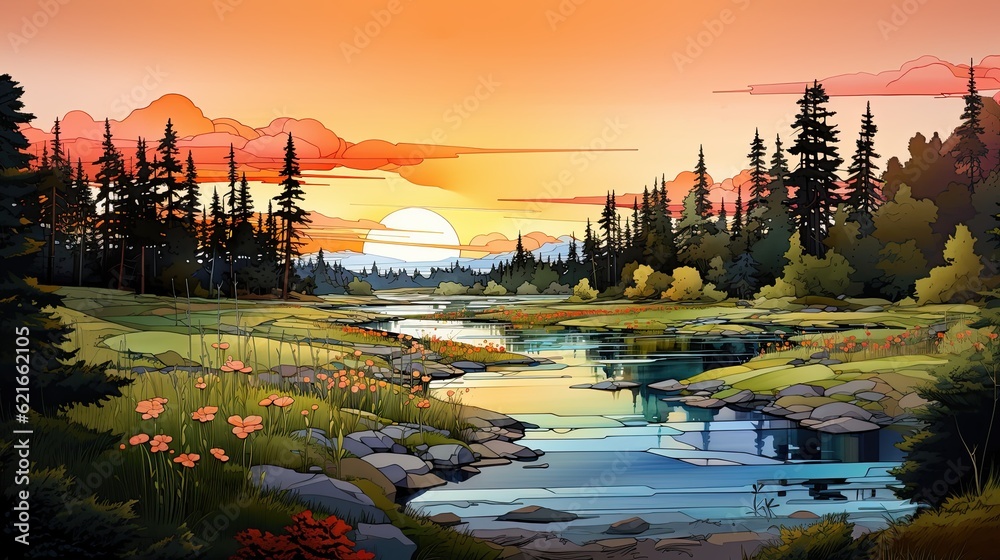 AI-generated illustration of a mountain and river summertime landscape at sunrise or sunset. MidJourney.