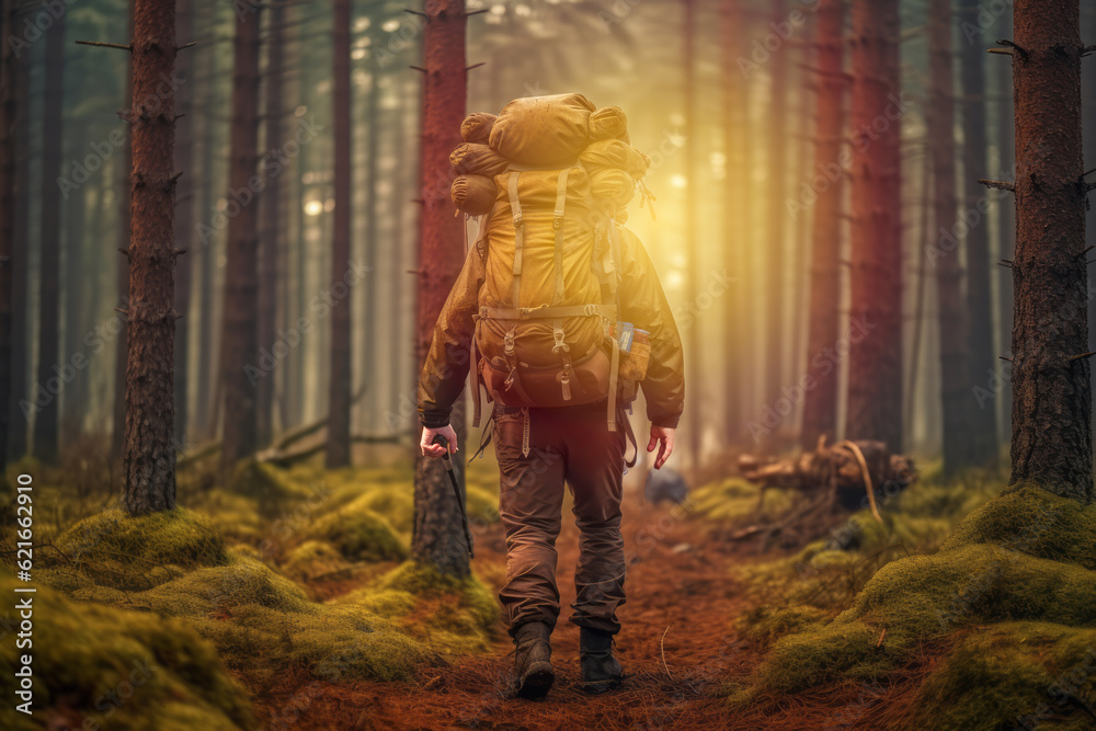 A hunter carrying a backpack filled with essential gear, standing at the entrance of a forest, ready to embark on an adventure. Generative AI
