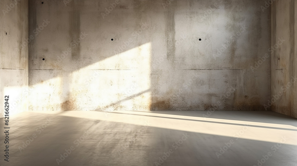 Beautiful sunlight cast shadow on blank weathered, grunge texture, clean concrete loft wall, cement floor for modern, minimal interior design, architecture, beauty, product background Beautiful sunlight cast shadow on blank weathered, grunge texture, clean concrete loft wall, cement floor for modern, minimal interior design, architecture, beauty, product background