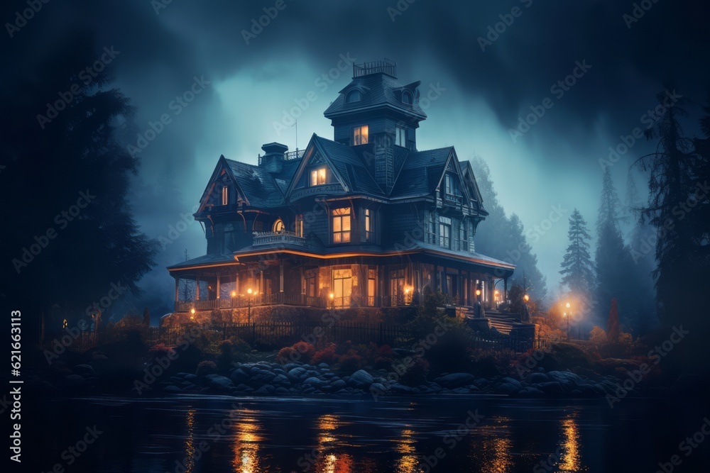 A haunted mansion engulfed in thick fog, with lightning illuminating the sky, setting the stage for a spine-chilling Halloween experience. Generative Ai