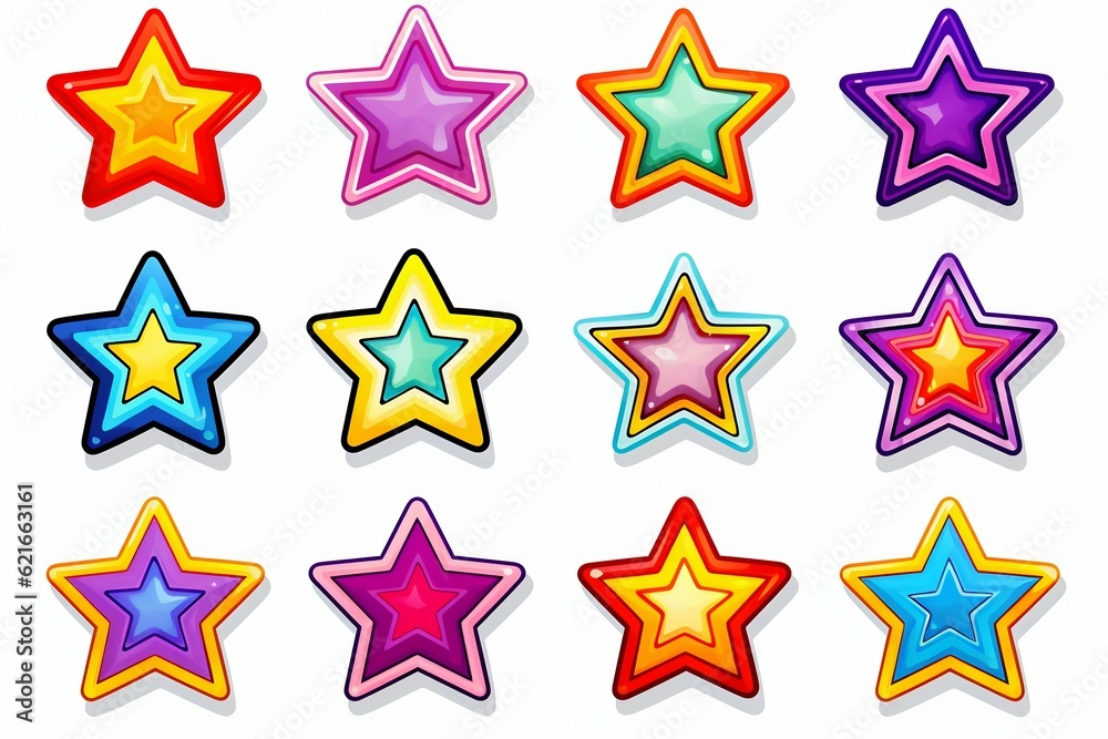 Collection of star groovy colourful stickers isolated on white background Collection of star groovy colourful stickers isolated on white background