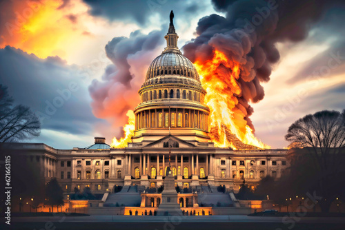 Generative AI image of US Capitol on fire.