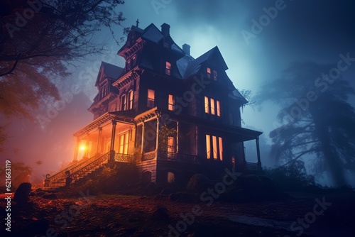 A haunted mansion engulfed in thick fog, with lightning illuminating the sky, setting the stage for a spine-chilling Halloween experience. Generative Ai