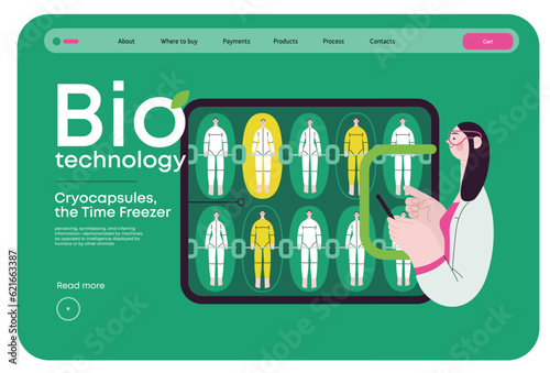Bio Technology, Cryocapsule Time Freezer -modern flat vector concept illustration of futuristic cryocapsules resembling frozen time vaults. Metaphor of preserving life, time through cryonic technology
