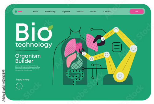 Bio Technology, Organism Builder -modern flat vector concept illustration of robot assembling organism using blocks, parts representing organ systems. Metaphor of regenerative medicine and 3D printing